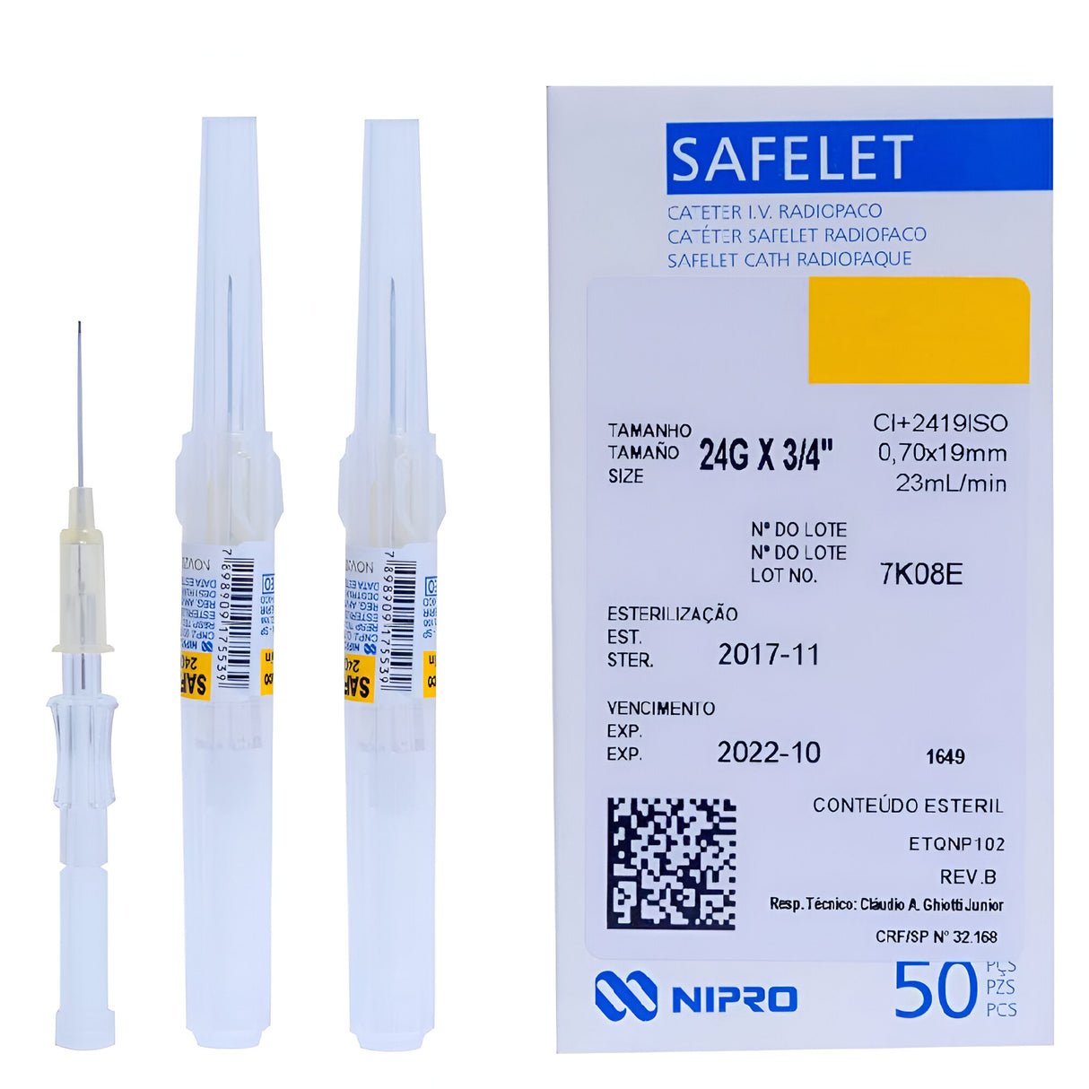 Catéter intravenoso 24G x 3/4" Caja X 50 2419ISO NIPRO SAFELET