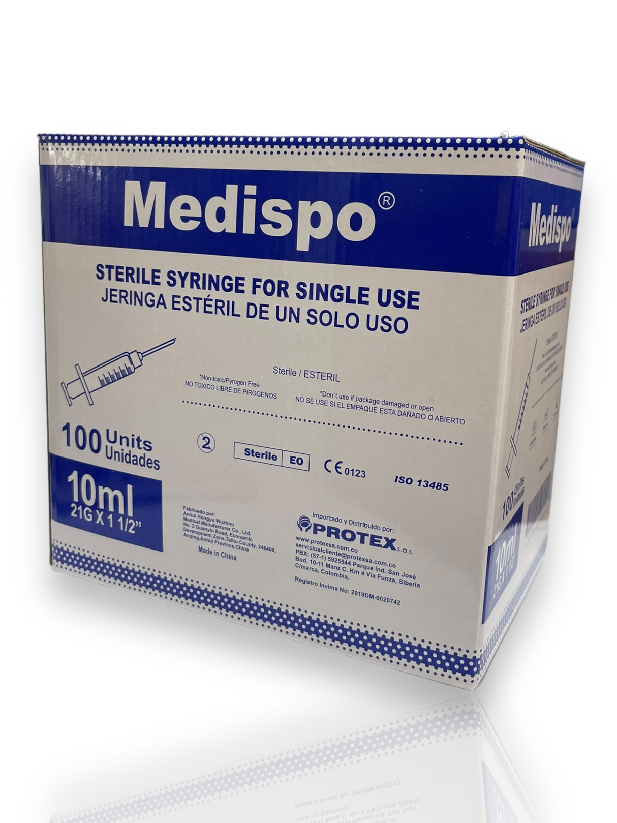 Jeringa estéril de un solo uso 10 ml 21G X 1 1/2" caja X 100 UND MEDISPO