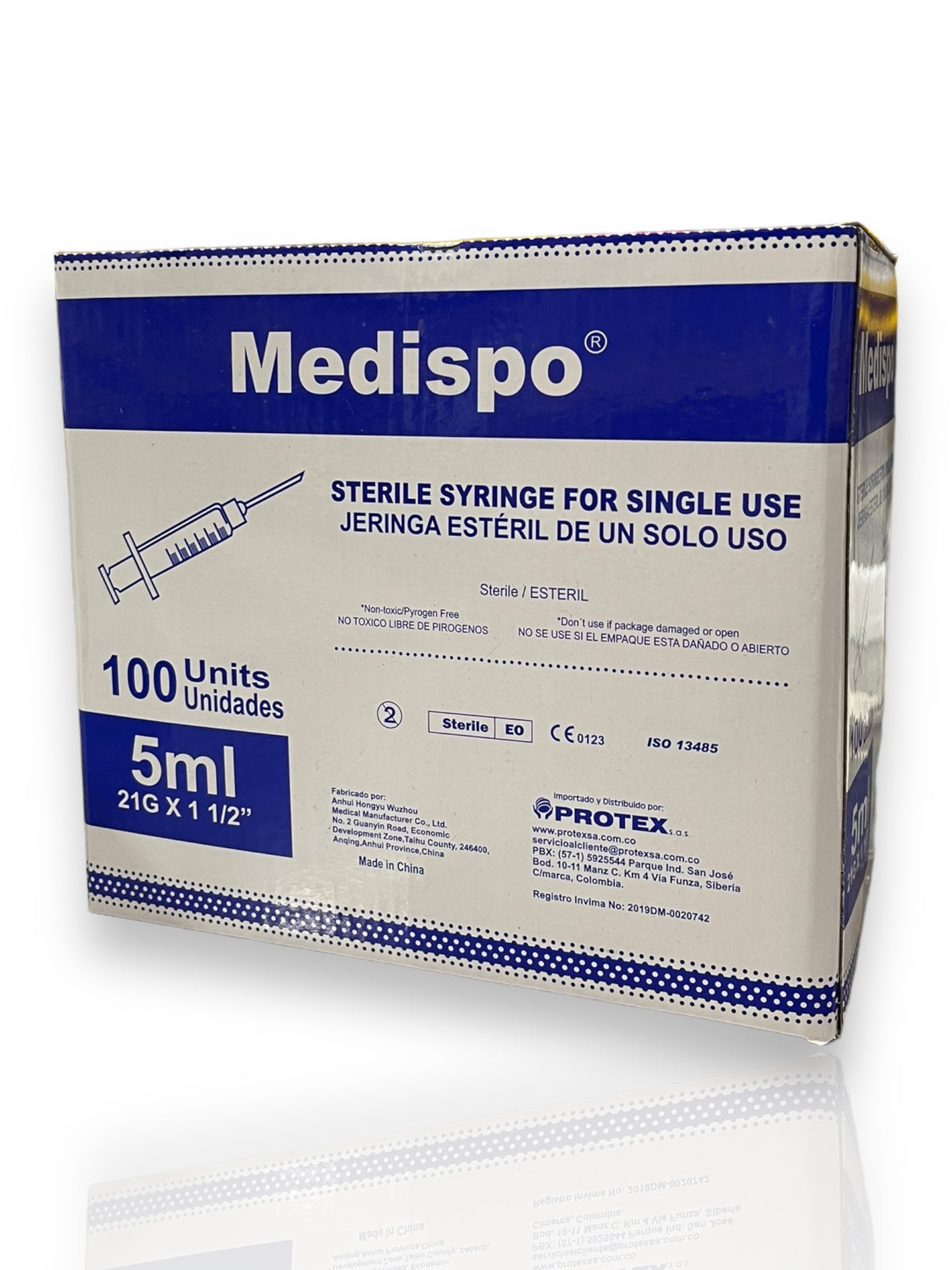 Jeringa estéril de un solo uso 5 ml 21G X 1 1/2" caja X 100 UND MEDISPO