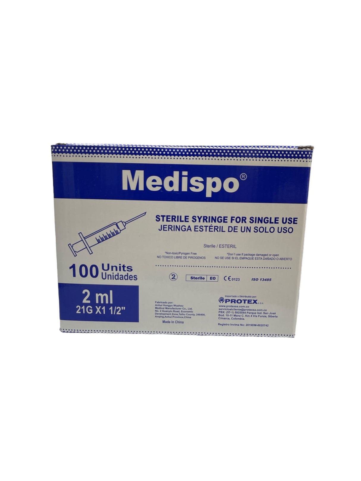 Jeringa estéril de un solo uso 2 ml 21G X 1 1/2" caja X 100 UND MEDISPO